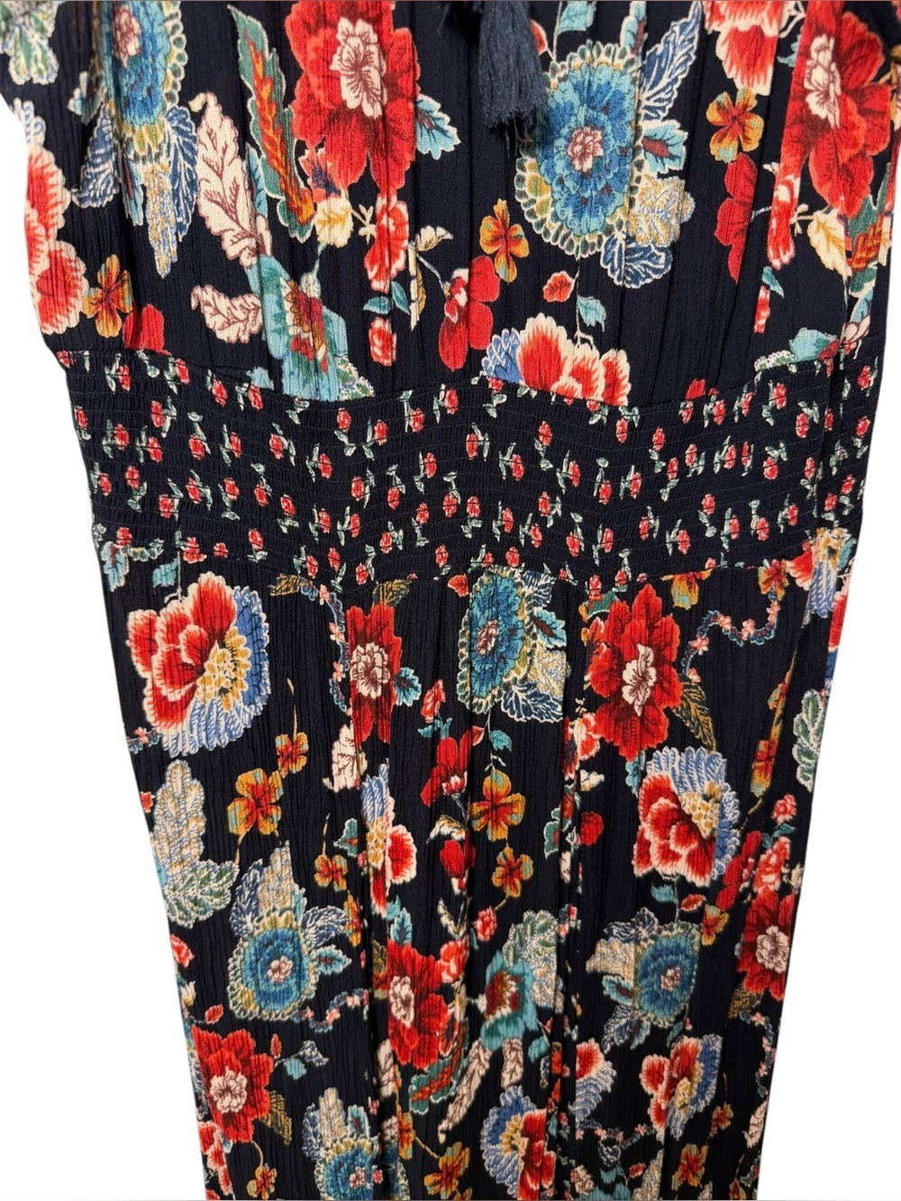 Bila Floral Smocked Maxi Dress Boho Cottagecore Handkerchief Hem L - Picture 5 of 9